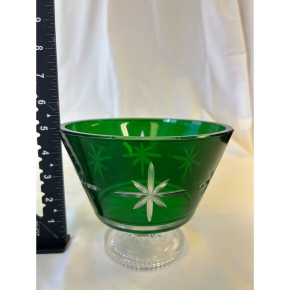 Vintage Green Glass Bowl With Starburst Design & Clear Pedestal Base - Picture 2 of 2